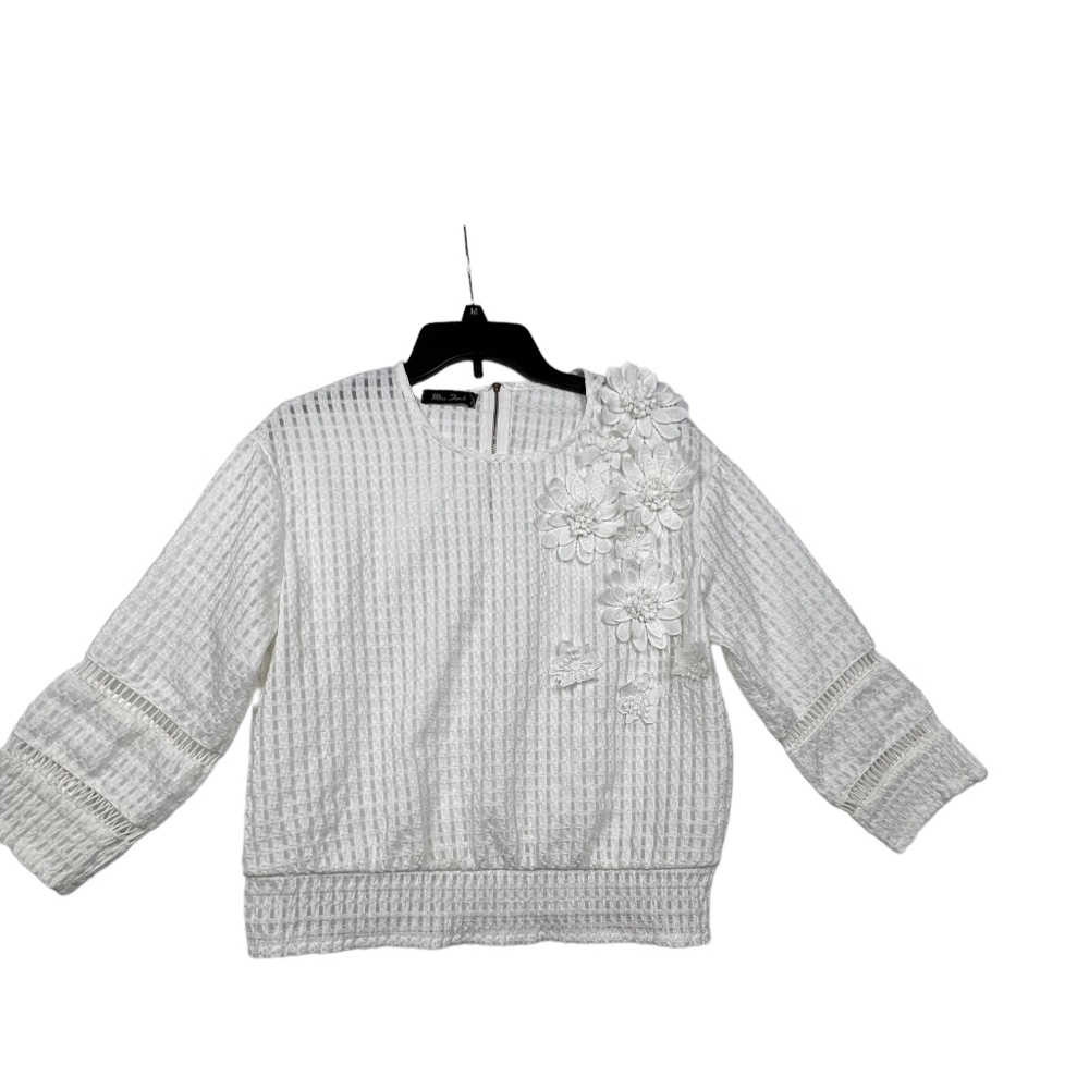 Miss Finch White Crochet 3/4 Sleeve Blouse Sz L With Flowers Applications Used